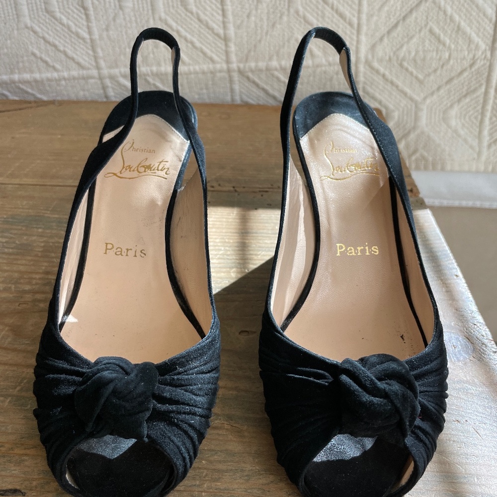 Vintage Christian Louboutin black suede peep toe wedge heel shoes size 38